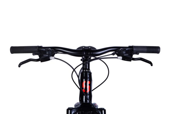 Crno biciklističko upravljač s ručicama kočnica.