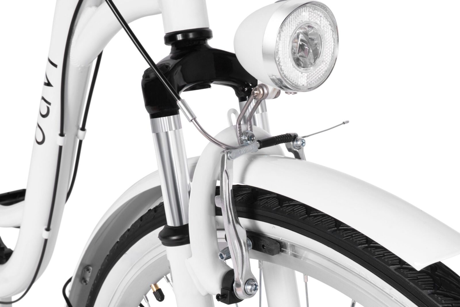 Bijeli bicikl s prednjim svjetlom i kočnicama.