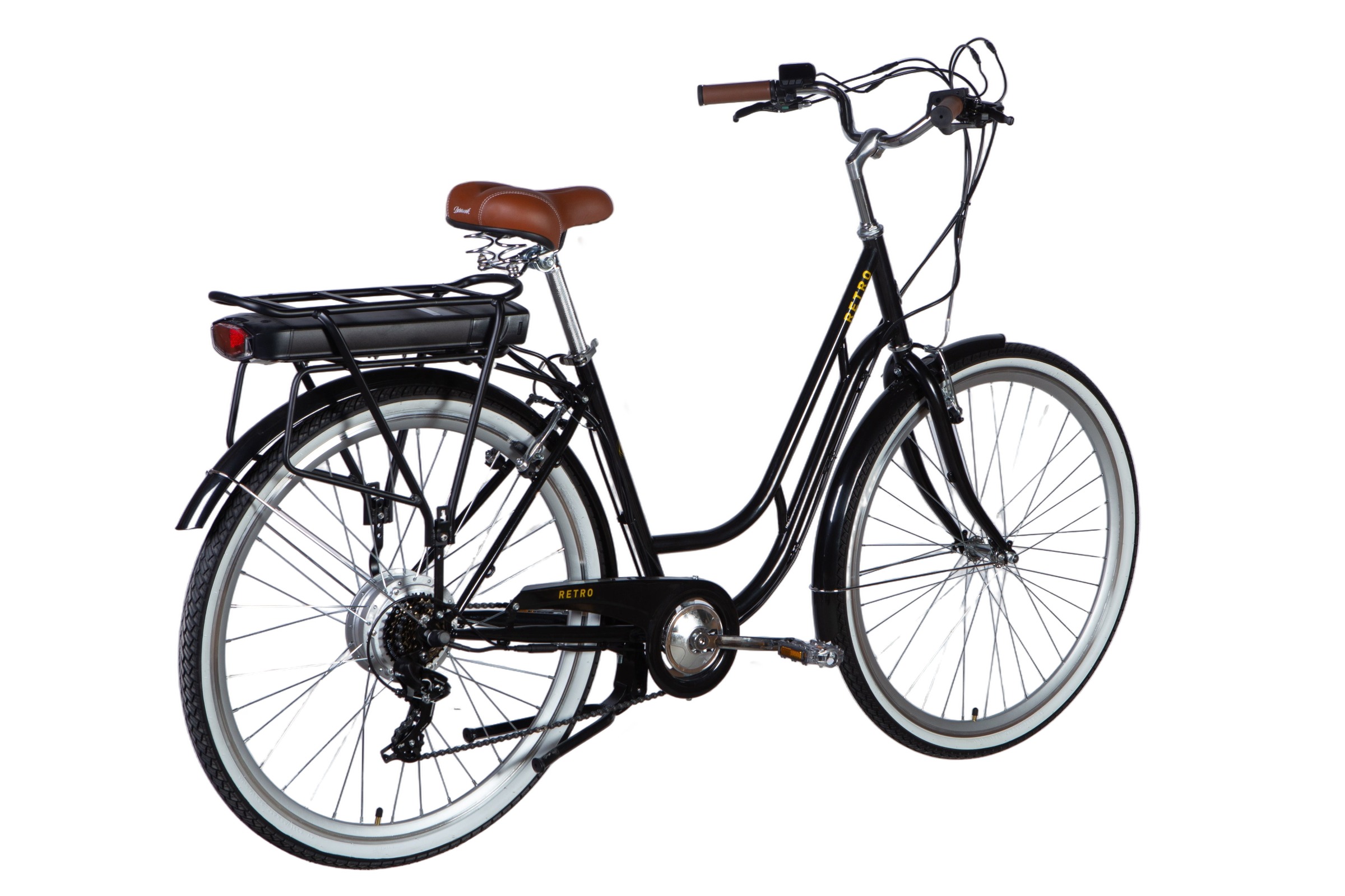 Crni retro električni bicikl s košarom i svjetlima.