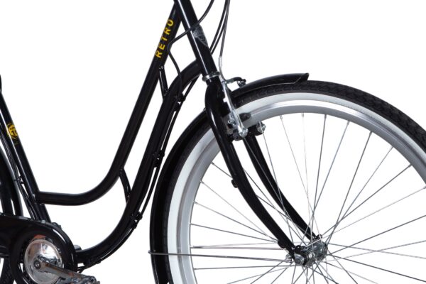 Crni retro bicikl, prednji kotač i vilica