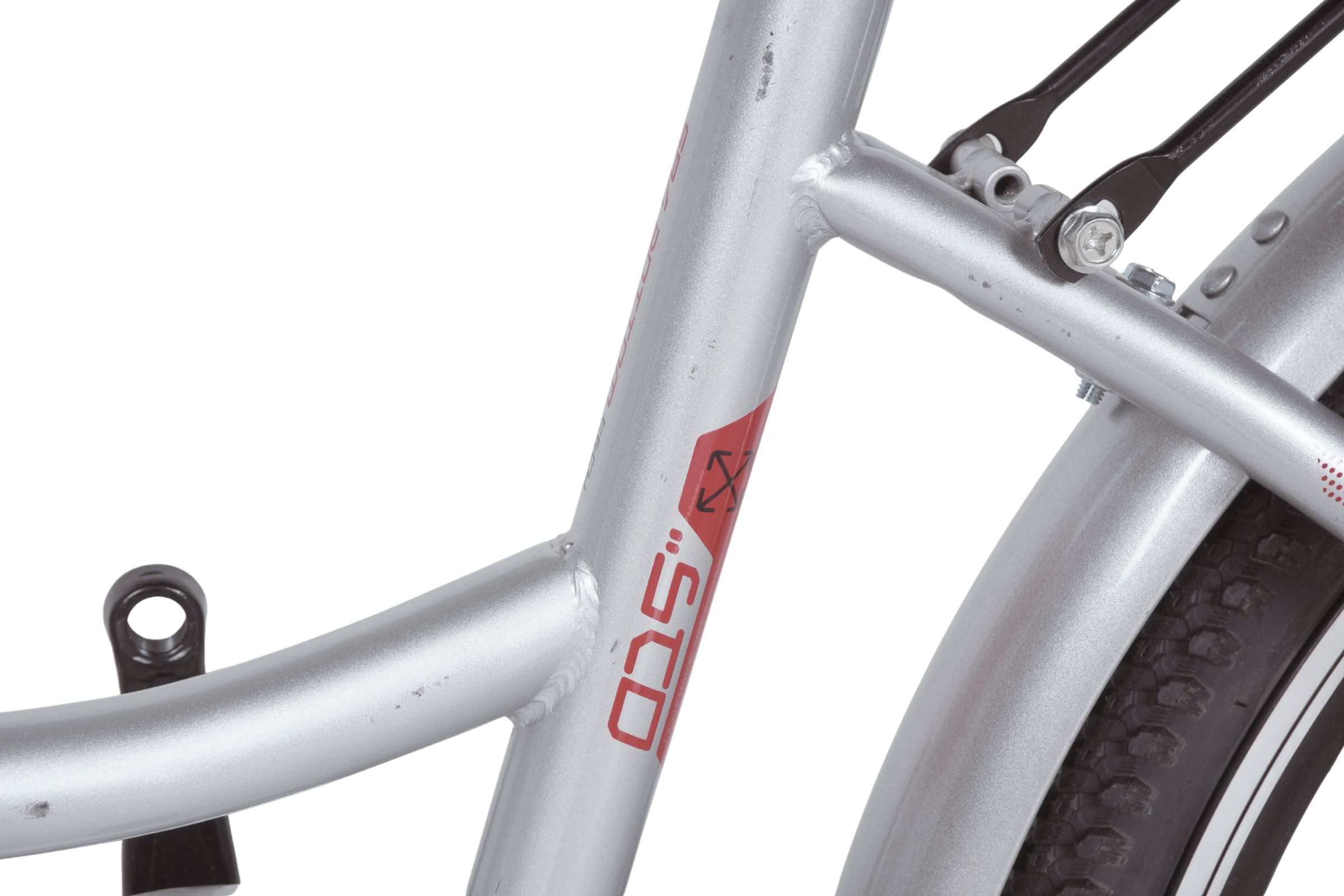 Srebrni bicikl dio okvira i kotača.