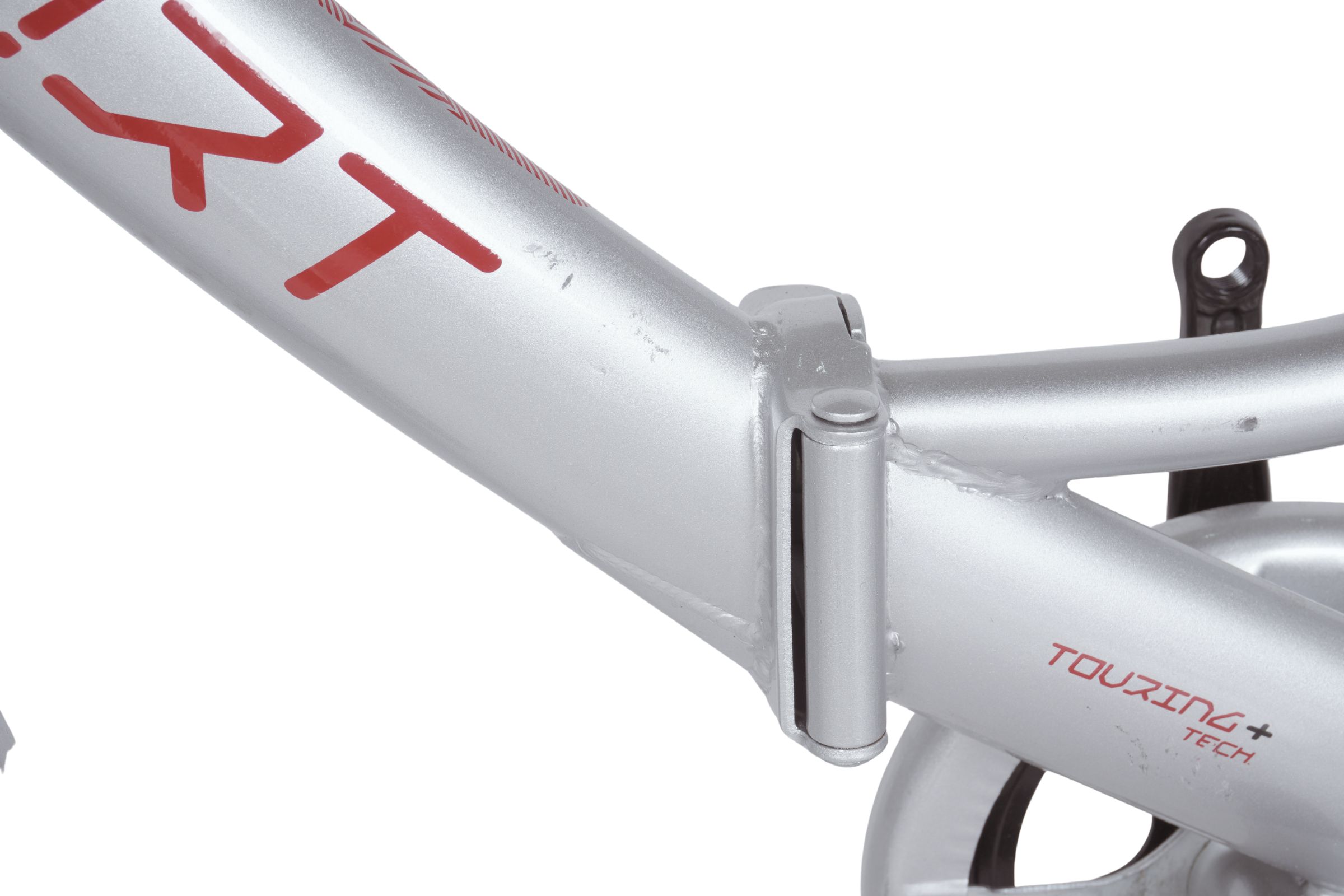 Srebrni okvir bicikla s natpisom Touring Tech