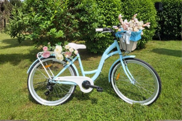 Plavi bicikl s cvijećem u vrtu