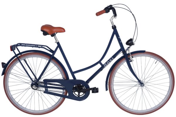 Plavi bicikl s smeđim sjedalom i kotačima