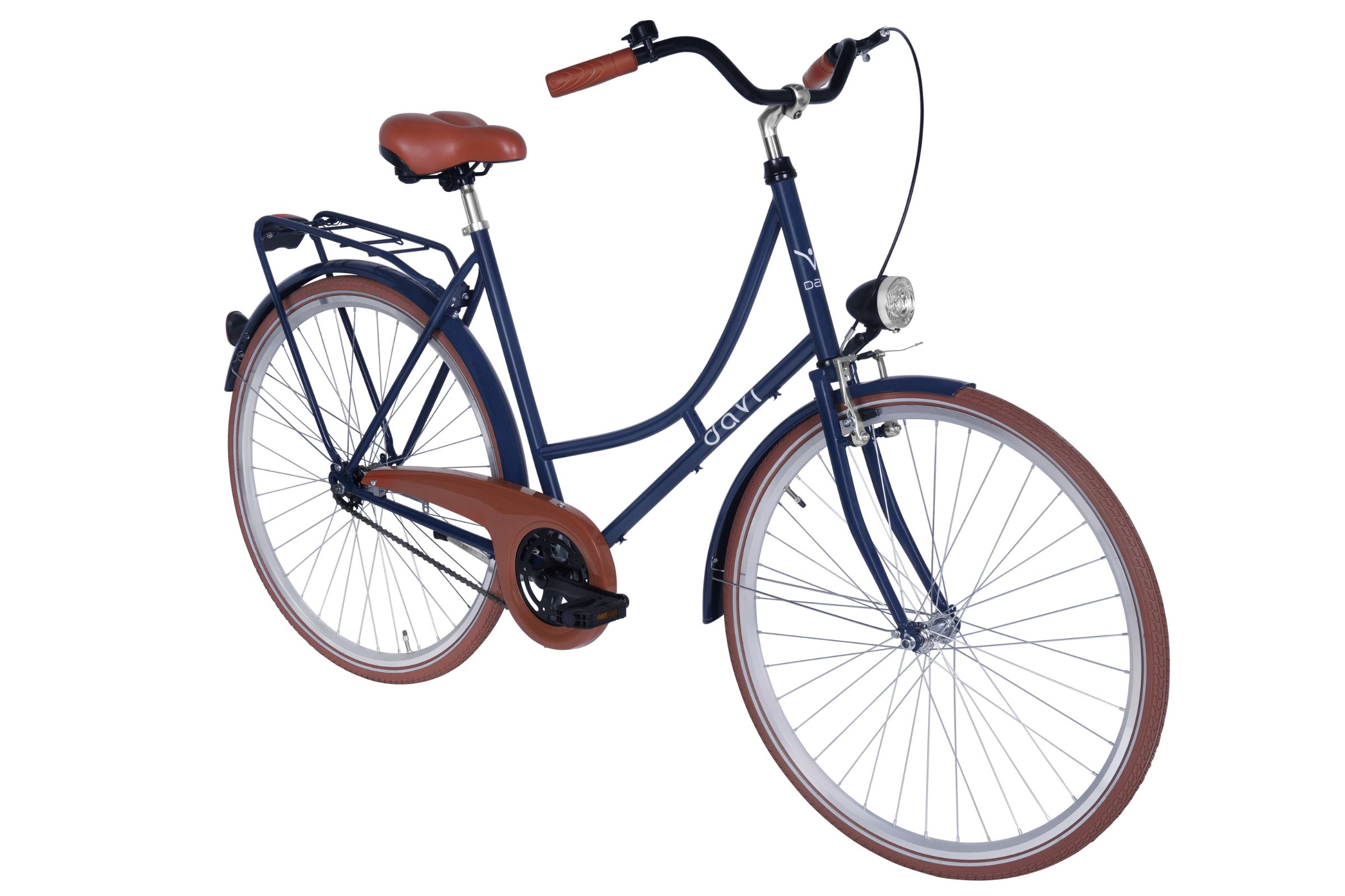 Plavi gradski bicikl s smeđim sjedištem i gumama.